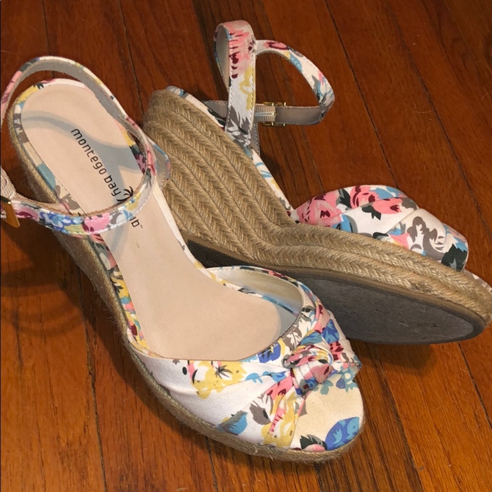 White & Colorful Floral Wedges / Heels